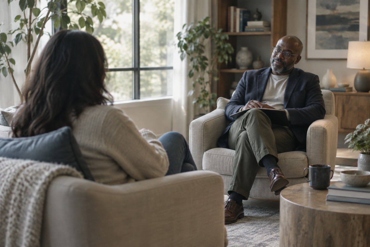 A counselor and client in conversation in a calm, light-filled room
